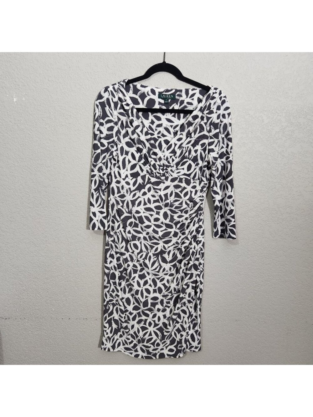 Lauren Ralph Lauren Dress Size 10 Black & White Abstract Print Faux Wrap